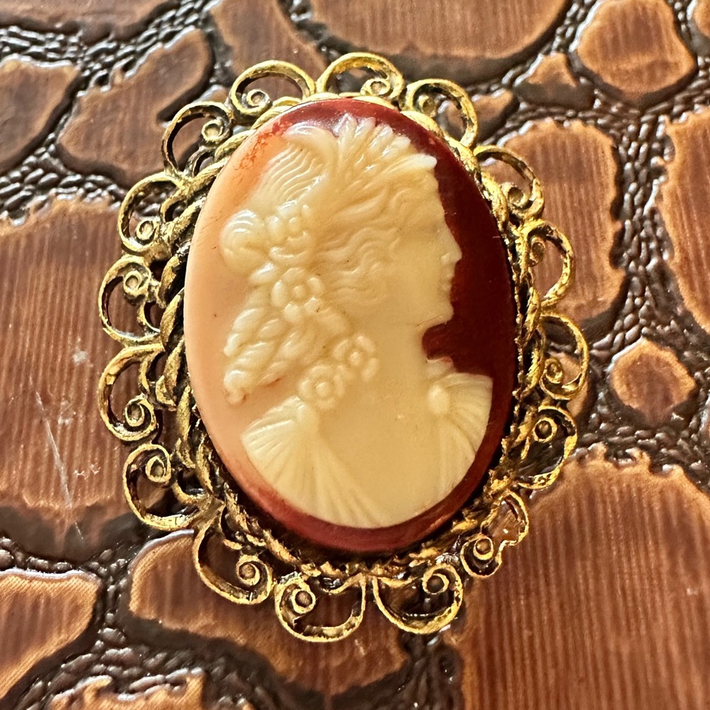 Vintage Oval Gold Tone Cream & Red Ombre Lady Cameo Brooch / Pin.